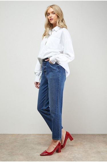 Val Faux Patent Leather Pointed High Block Heel Courts