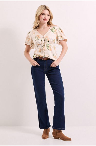 Floral Tie Front Button Up Puff Sleeve Top