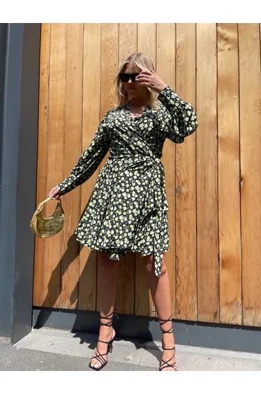 Green Rose Long Sleeve Wrap Mini-dress