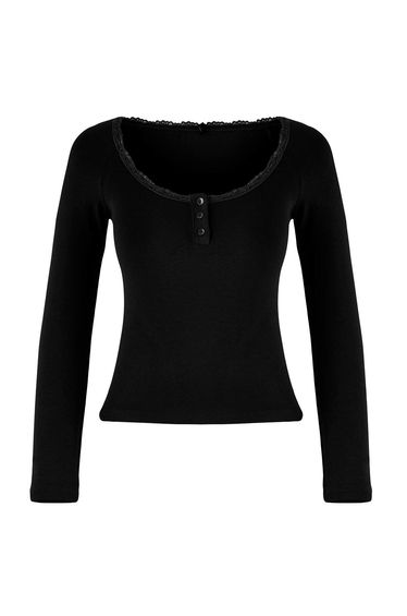 Teen Black Pool Collar Buttoned Lace Detailed Body-Fitting Flexible Knitted top