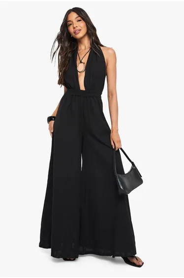 Linen Look Halterneck Plunge Jumpsuit - black