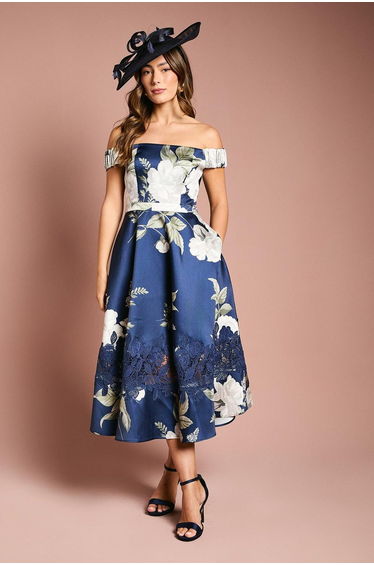 Printed Bardot Twill Midi Dress With Lace Insert