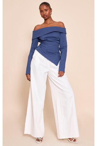 Navy Cotton Ruched Asymmetric Hem Bardot Top