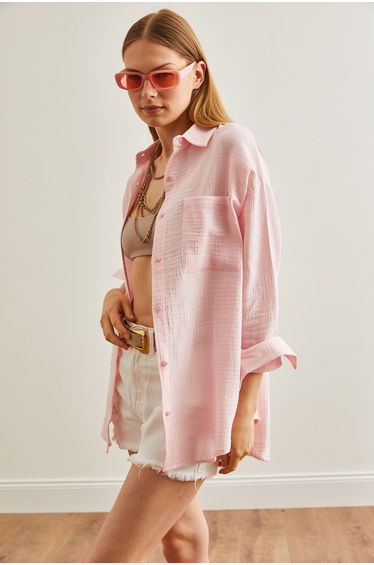 Women's Candy Pink Oversize Basic Muslin Shirt