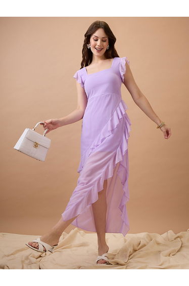 Lavender Square Neck Ruffle Hem Midi Dress