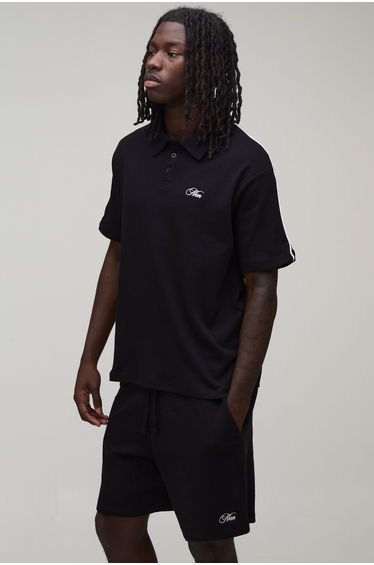 Oversized Boxy Contrast Piping Embroidered Short Sleeve Polo and Short Set - black