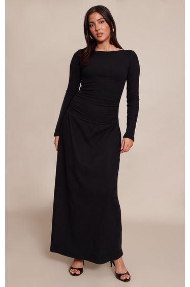 Black Long Sleeve Drop Hem Maxi Dress