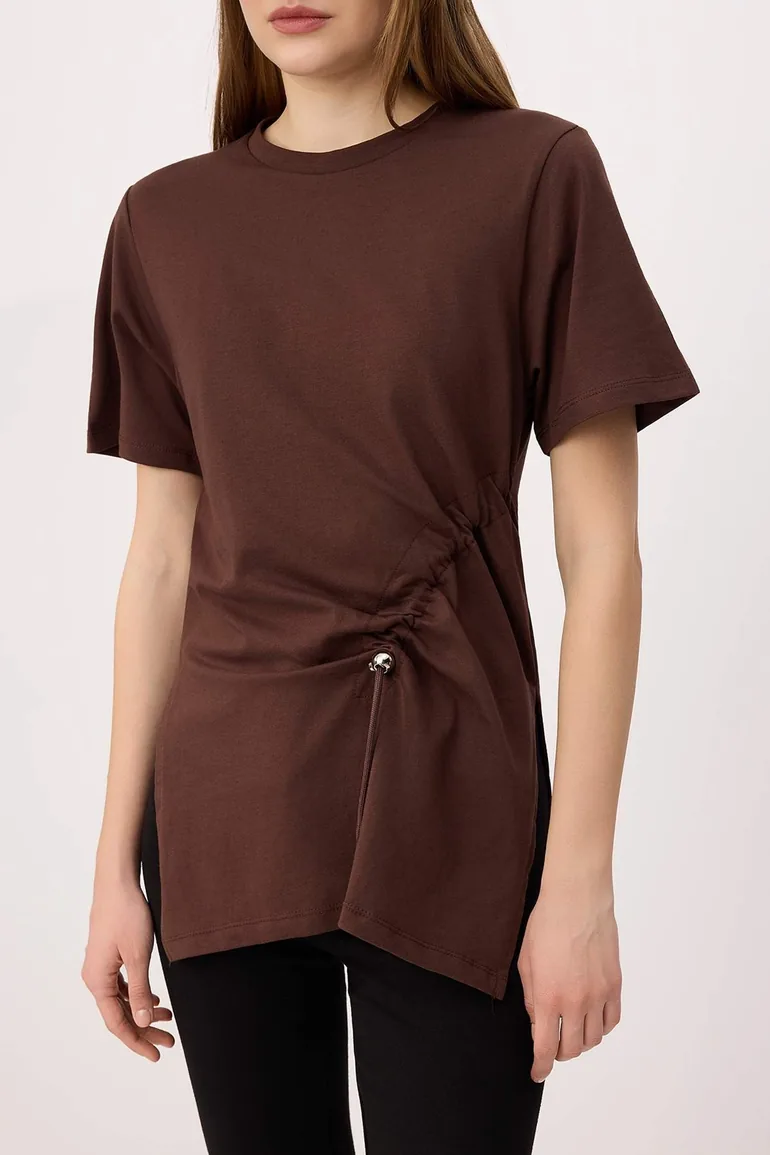 Brown Regular/Normal Fit Short Sleeve 100% Cotton Shirred Detailed Knitted Blouse - 2