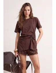 Brown Regular/Normal Fit Short Sleeve 100% Cotton Shirred Detailed Knitted Blouse - 4