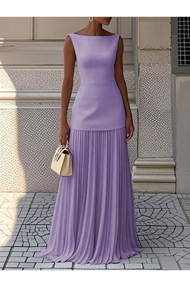 Sleeveless Gauze Pleated Solid Color Split-Joint Boat Neck Evening Dresses Maxi Dresses