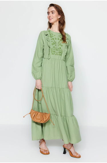 Green Floral A-Line Maxi Smock Dress with Long Sleeve