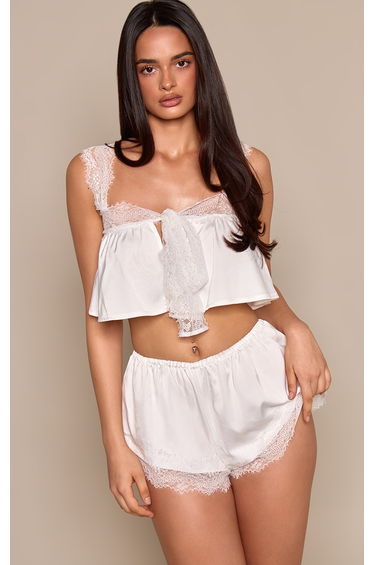 Cream Satin Lace Up Front Flowy Pyjama Cami & Shorts