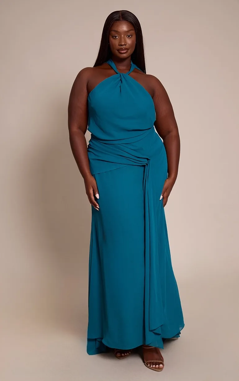 emerald green maxi dress plus size Goddiva Plus Wrap Back With Front Slit Chiffon Maxi Dress
