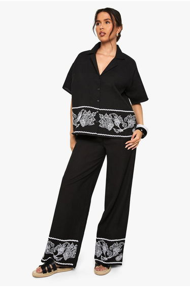 Embroidered Trim Cotton Poplin Wide Leg Trousers - black