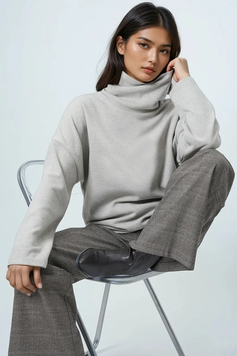 Women's stone fisherman neck wide cut knitwear blouse - 2