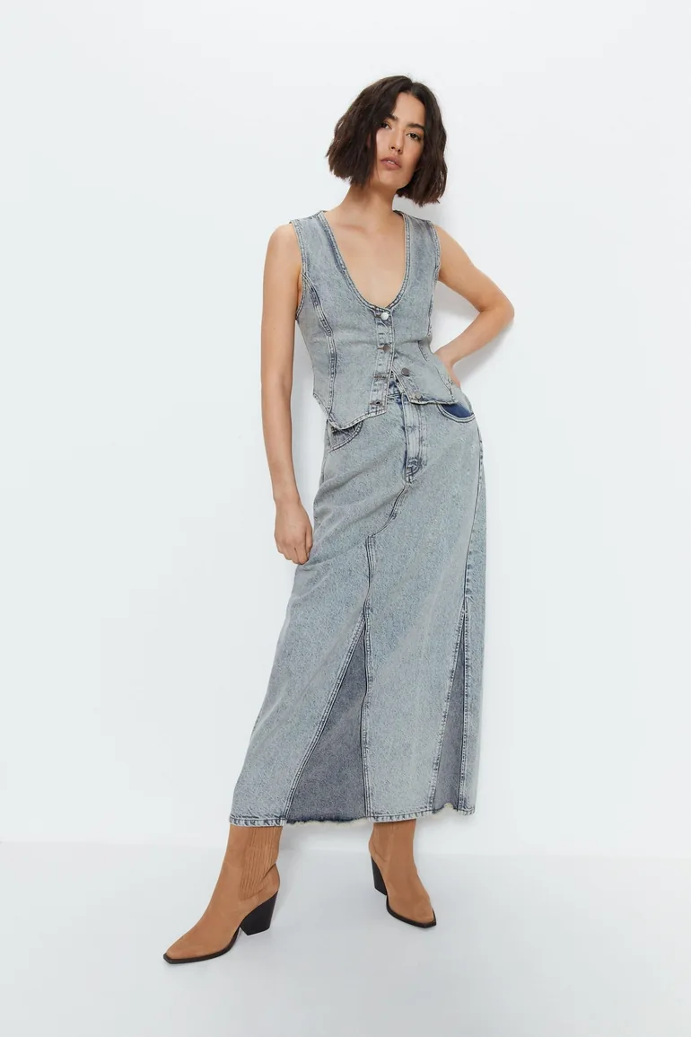 Seam Detail Button Down Slim Fit Denim Waistcoat