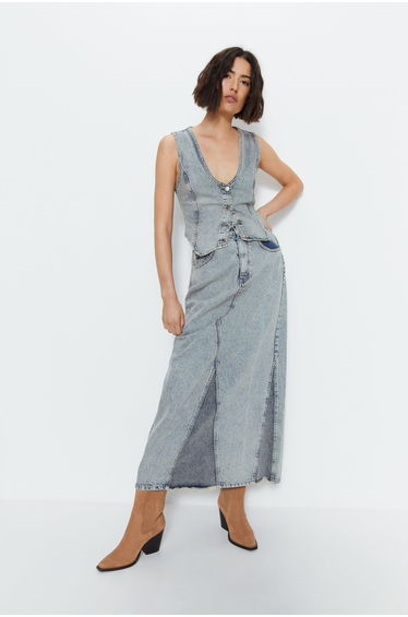 Seam Detail Button Down Slim Fit Denim Waistcoat