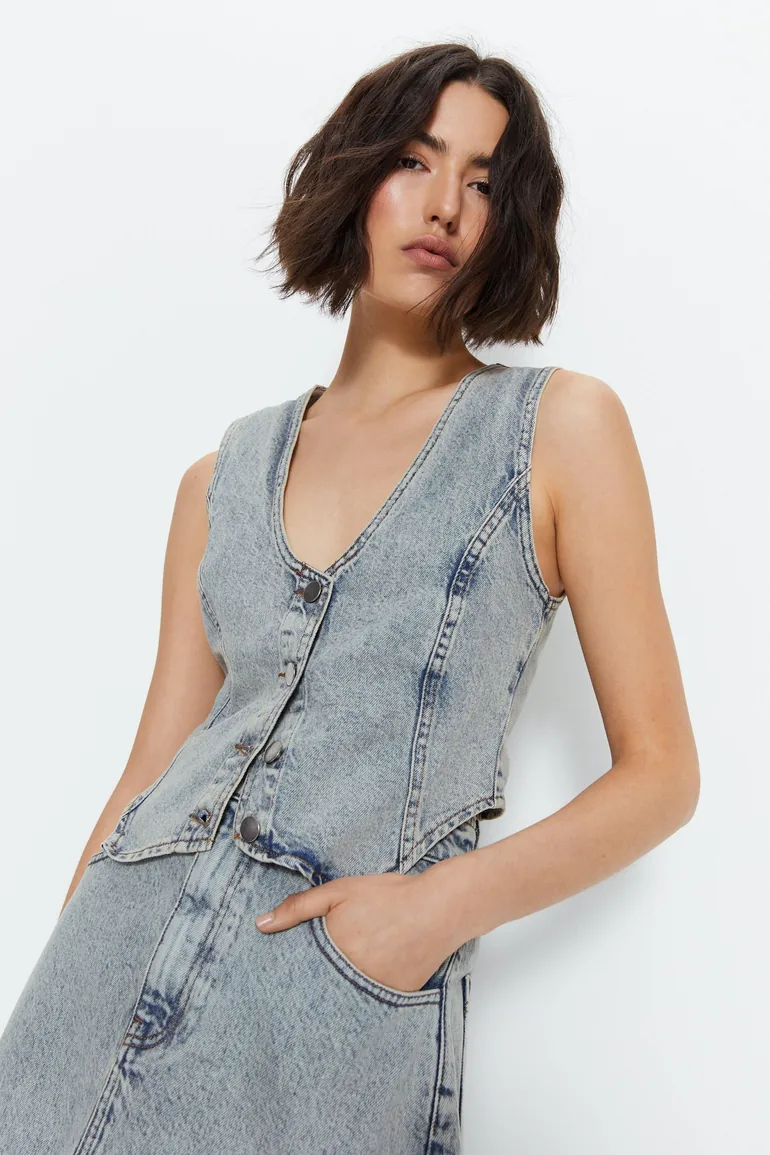 Seam Detail Button Down Slim Fit Denim Waistcoat - 1