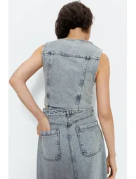 Seam Detail Button Down Slim Fit Denim Waistcoat - 3