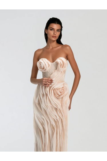 Dendriton Strapless Flower Ruched Midi Dress
