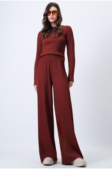 Women's Tile Crew Neck Blouse and Palazzo Pants Double Knitted Suit