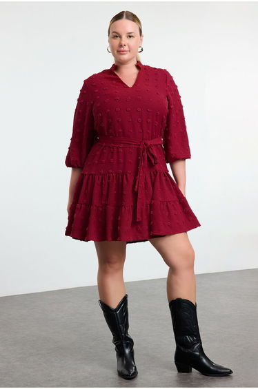 Burgundy V Neck Balloon Sleeve Belted Pompom Woven Midi Plus Size Dress
