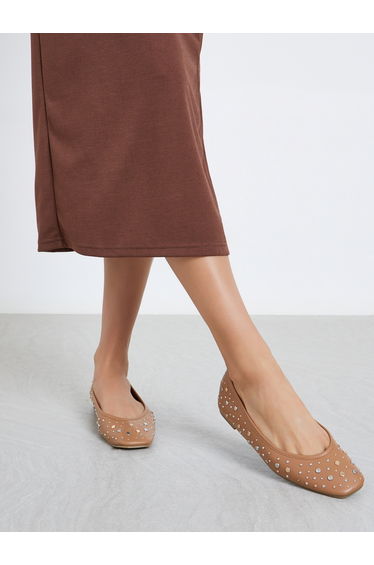 Tan Studded Ballet Shoes
