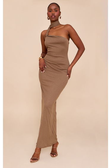 Chocolate Double Layer Onion Skin Scarf Neck Maxi Dress
