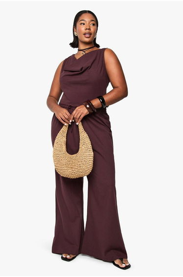 Plus Linen Look Cowl Neck Crop Top - chocolate