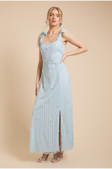3D Floral Linear Beadwork Tie Shoulder Dress