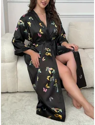 Plus Size Butterfly Print Robe - 1