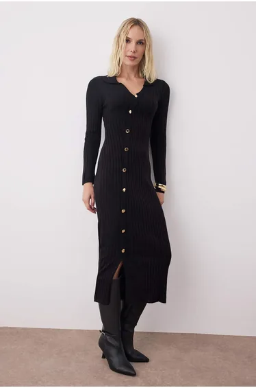 Black Plain Midi Asymmetrical Button Detailed Knitwear Long Dress