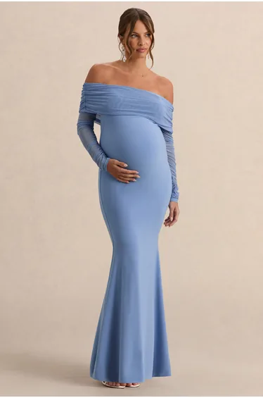 Pretty Perfect | Powder Blue Maternity Halter Asymmetric Maxi Dress with Cut Out