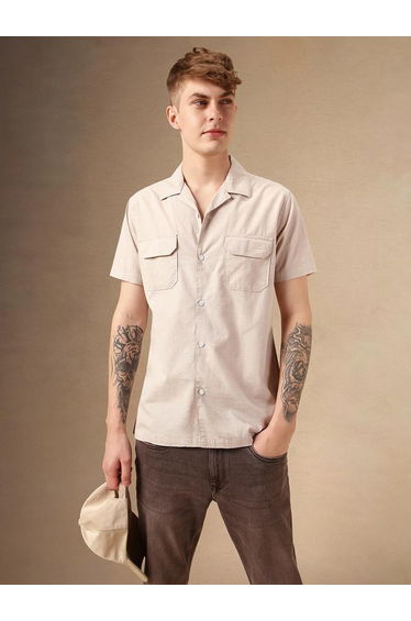 Solid Relaxed Fit Spread Collar Shirt with Pocket