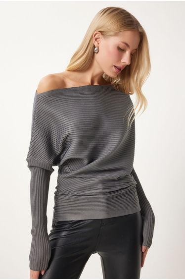 Women's Anthracite Asymmetric Collar Ribbed Sweater