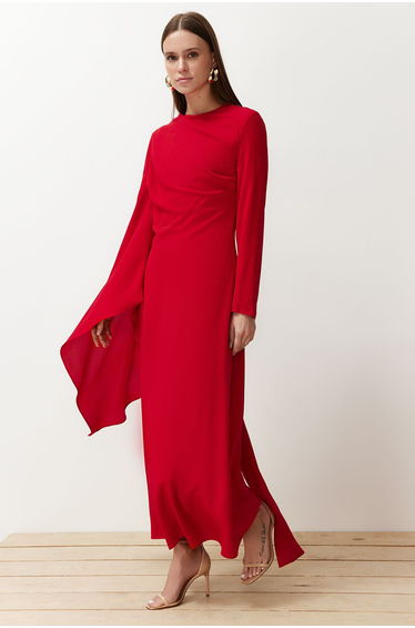 Red Shawl Detailed Evening Dress