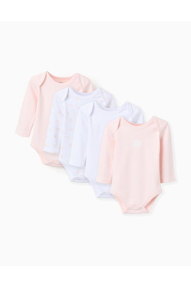 Pack of 4 Cotton Bodysuits for Baby Girls 'Moon & Star', White/Pink