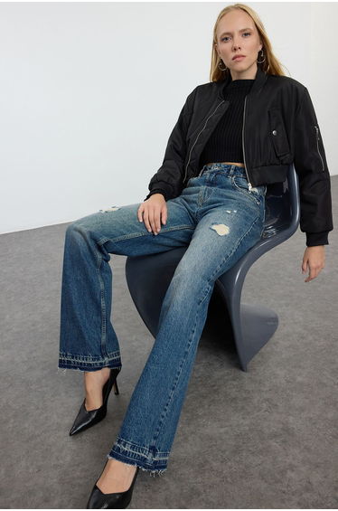 Dark Blue Ripped Normal Waist Wide Leg Jeans