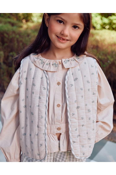 Padded cotton vest with floral motif B&S for girls, beige/green