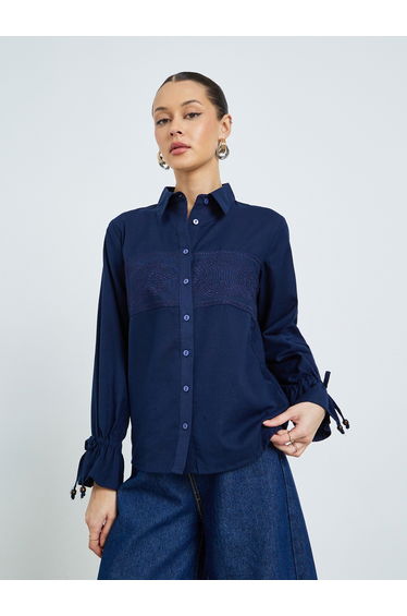 Navy Blue Embroidered Cotton Shirt