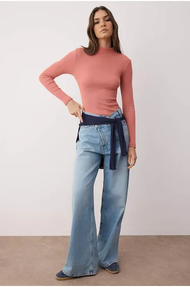 Dusty Rose Fitted High Collar Long Sleeve Ribbed Stretchy Knitted Blouse