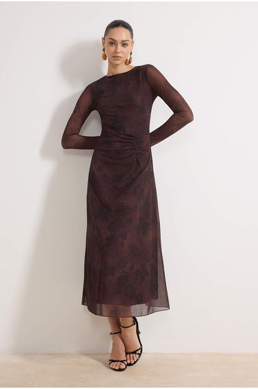 Brown*001 Abstract Shirring / Drape Maxi Knitted Dress