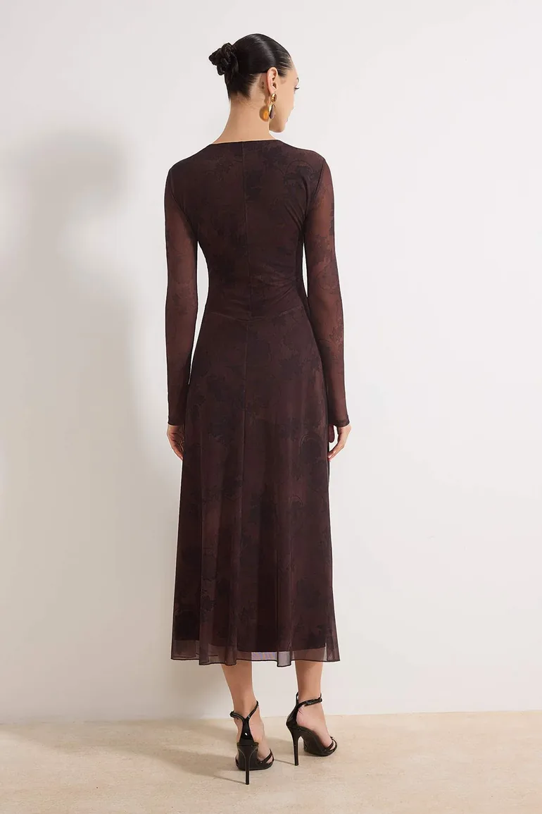فستان ماكسي محبوك مزموم بثنيات - بني - 3