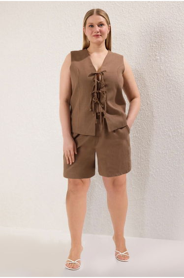 Brown Lace-Up Woven Plus Size Blouse & Shorts Bottom - Top Set