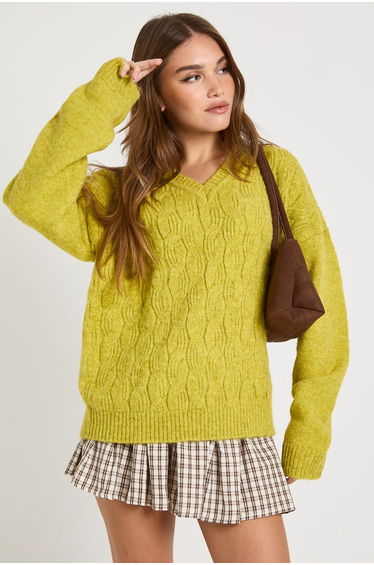 Chunky Knit V Neck Cable Knit Jumper - chartreuse