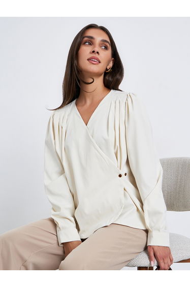 Women Beige Pleated Wrap Top