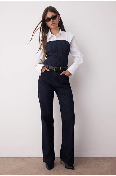 Dark Blue Stripe Detailed High Waist Loose Cut Barrel Baggy Jeans