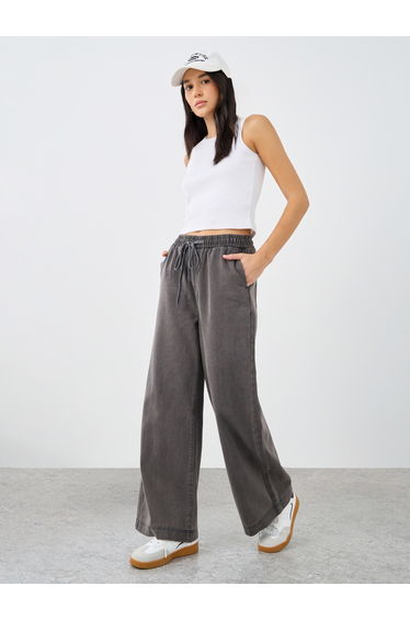 Elasticated Waistband Wide Leg Jeans with Drawstring