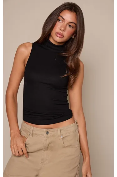 Black Soft Rib High Neck Sleeveless Vest Top