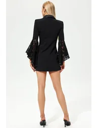 Flared Sleeve V-Neck Lace Mini Dress Black - 1